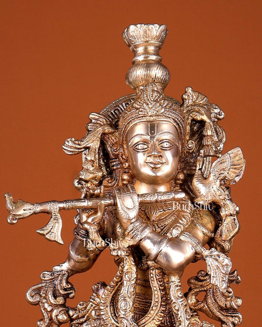 Brass Krishna Statue with Sharp Features – Elegant Divine Sculpture 22 inch - Budhshiv.com