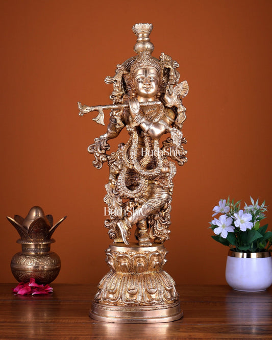 Brass Krishna Statue with Sharp Features – Elegant Divine Sculpture 22 inch - Budhshiv.com