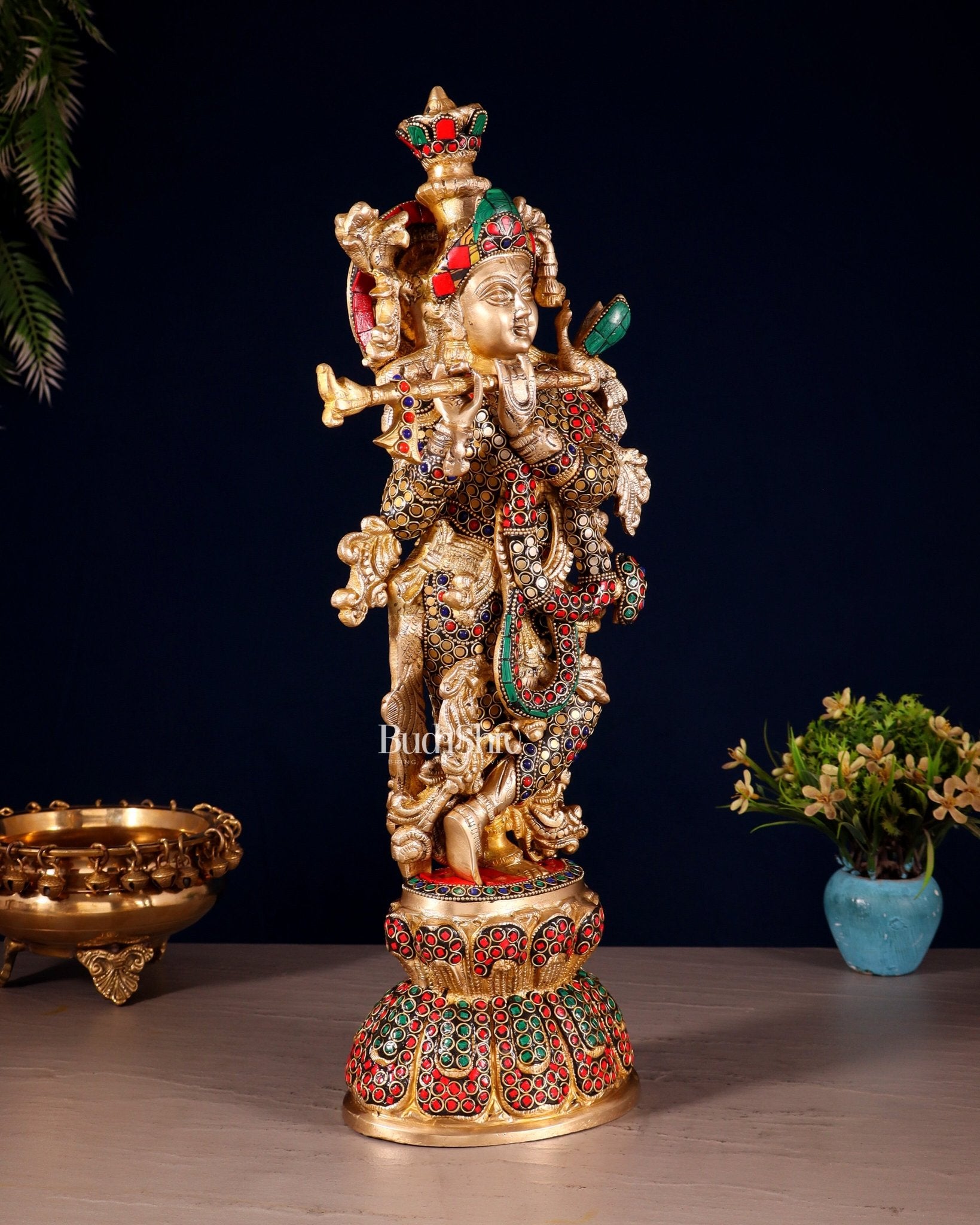 Brass Krishna Statue with stonework | 18 inch - Budhshiv.com