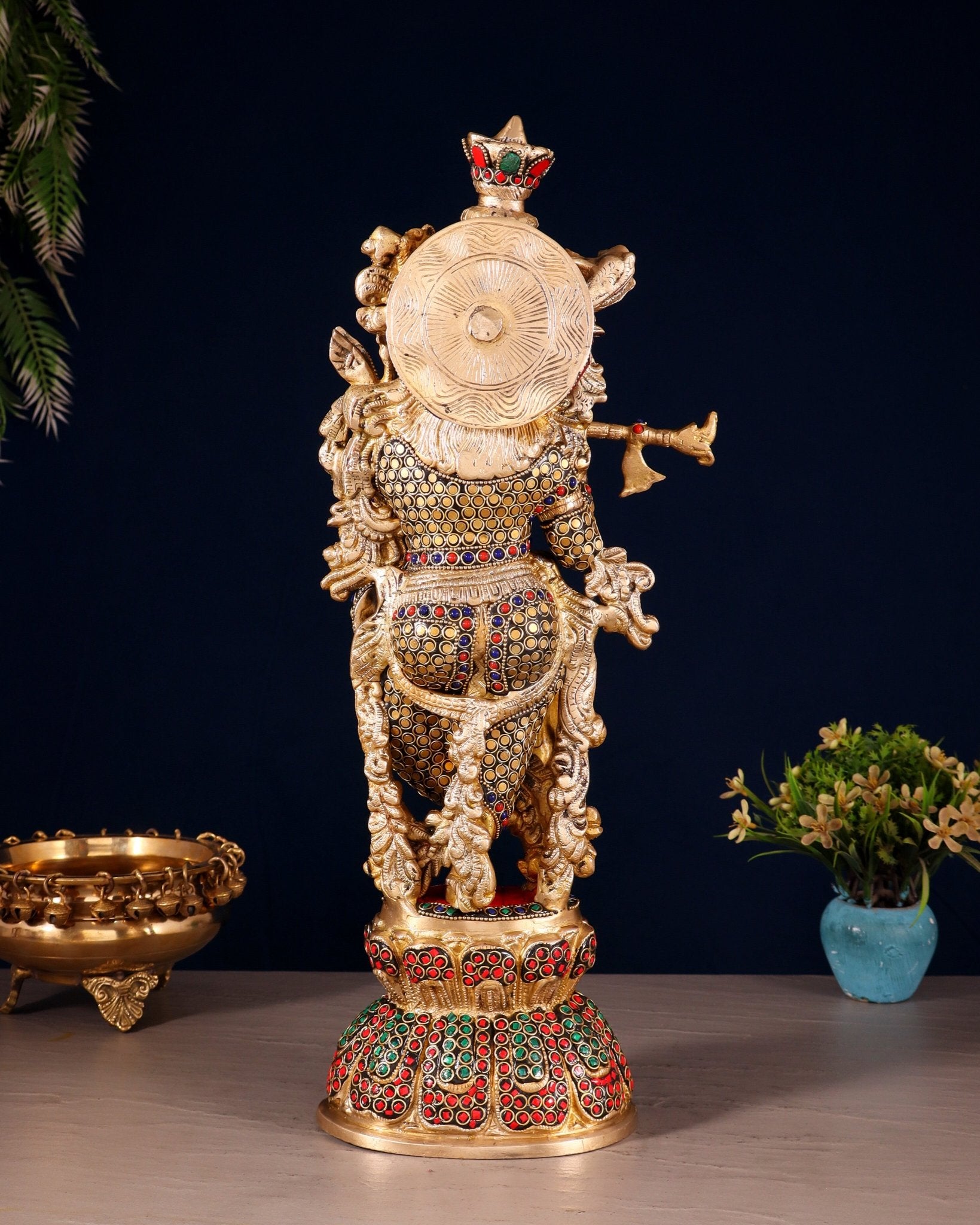 Brass Krishna Statue with stonework | 18 inch - Budhshiv.com