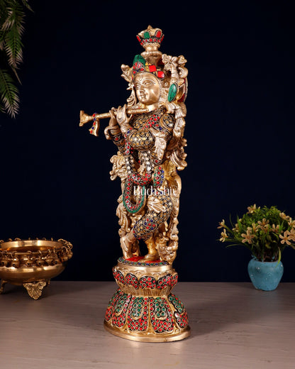 Brass Krishna Statue with stonework | 18 inch - Budhshiv.com