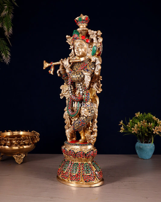 Brass Krishna Statue with stonework | 18 inch - Budhshiv.com