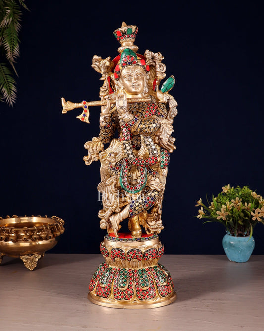 Brass Krishna Statue with stonework | 18 inch - Budhshiv.com
