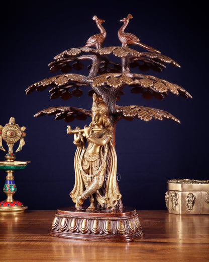 Brass Krishna Under Kadamba Tree Statue 16" - Budhshiv.com