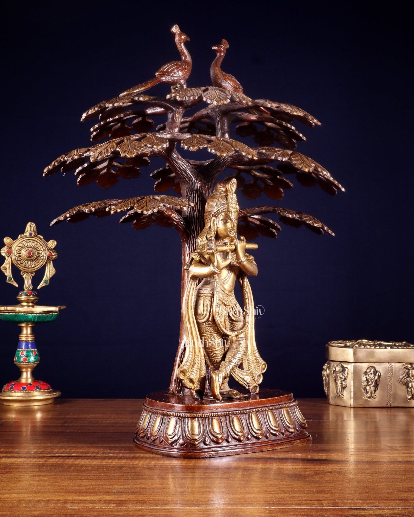 Brass Krishna Under Kadamba Tree Statue 16" - Budhshiv.com