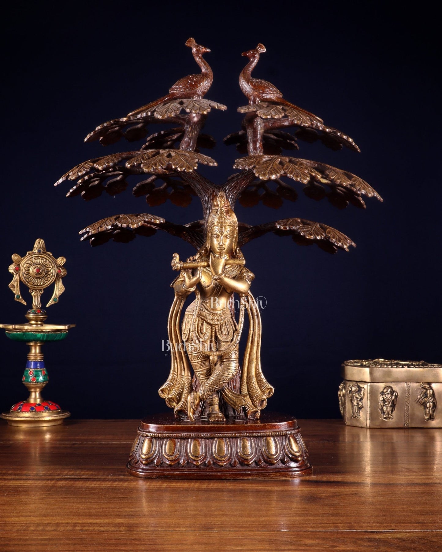 Brass Krishna Under Kadamba Tree Statue 16" - Budhshiv.com