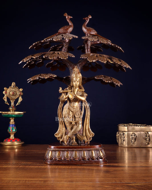 Brass Krishna Under Kadamba Tree Statue 16" - Budhshiv.com