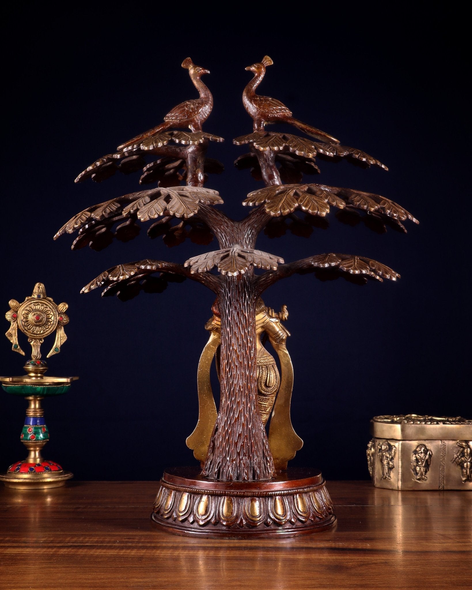 Brass Krishna Under Kadamba Tree Statue 16" - Budhshiv.com