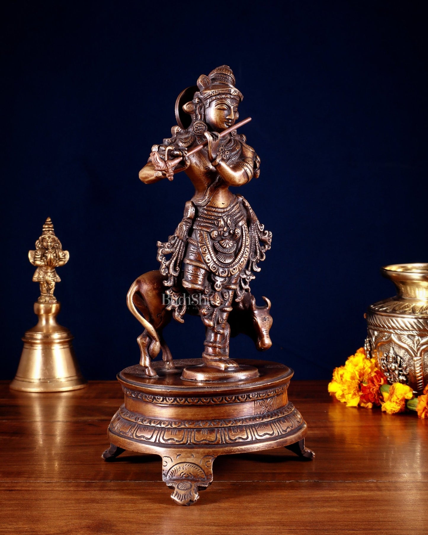 Brass Krishna with Cow 10.5 inch antique burnt tone - Budhshiv.com