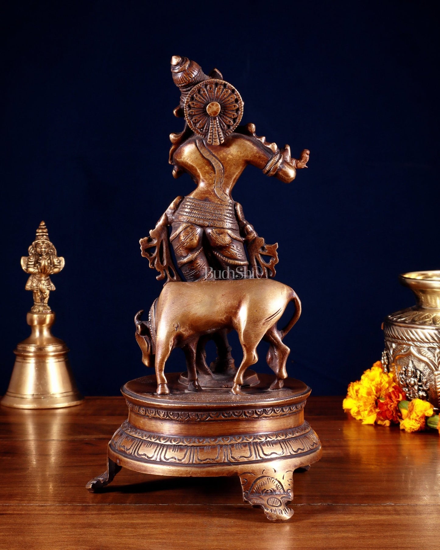 Brass Krishna with Cow 10.5 inch antique burnt tone - Budhshiv.com