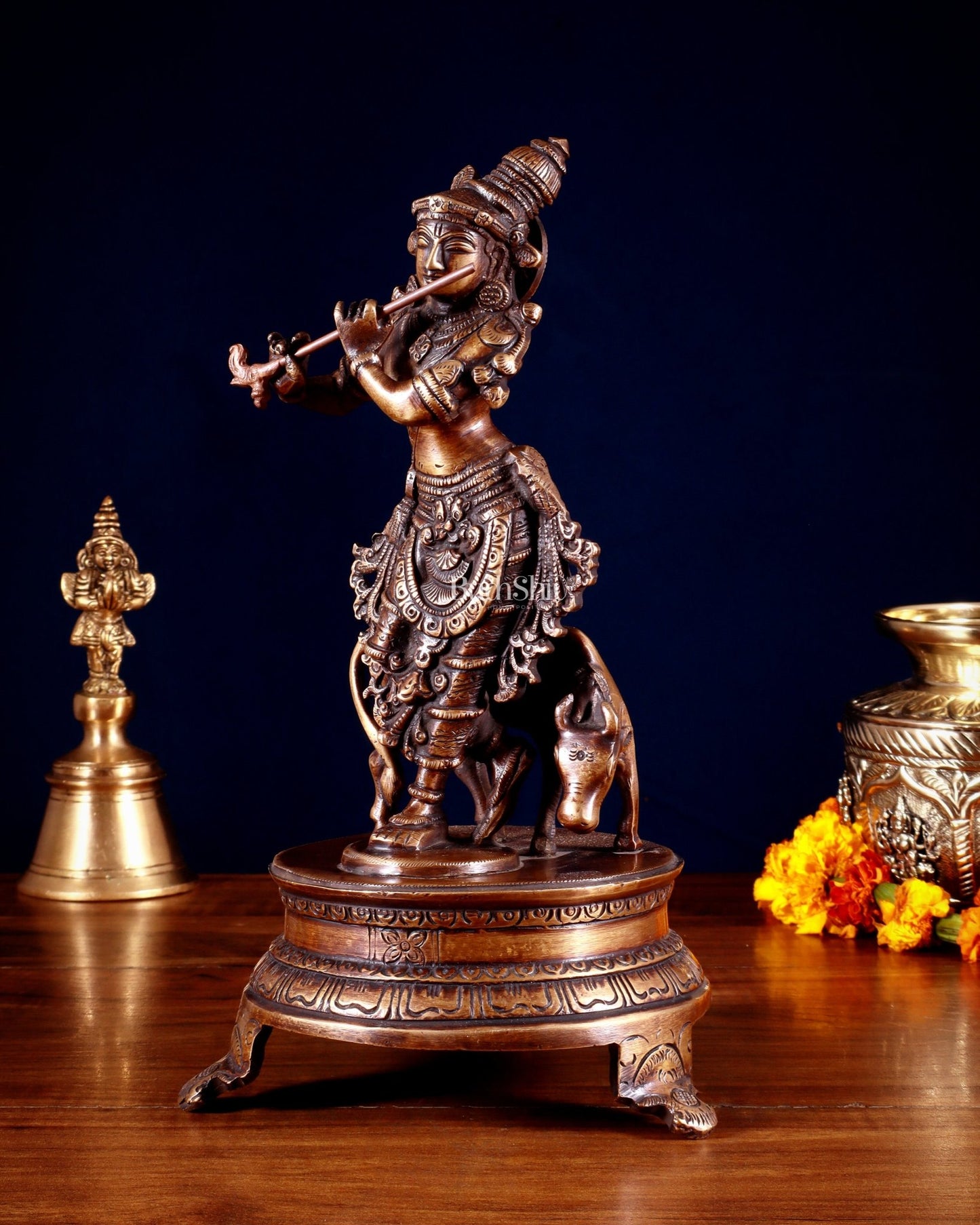 Brass Krishna with Cow 10.5 inch antique burnt tone - Budhshiv.com