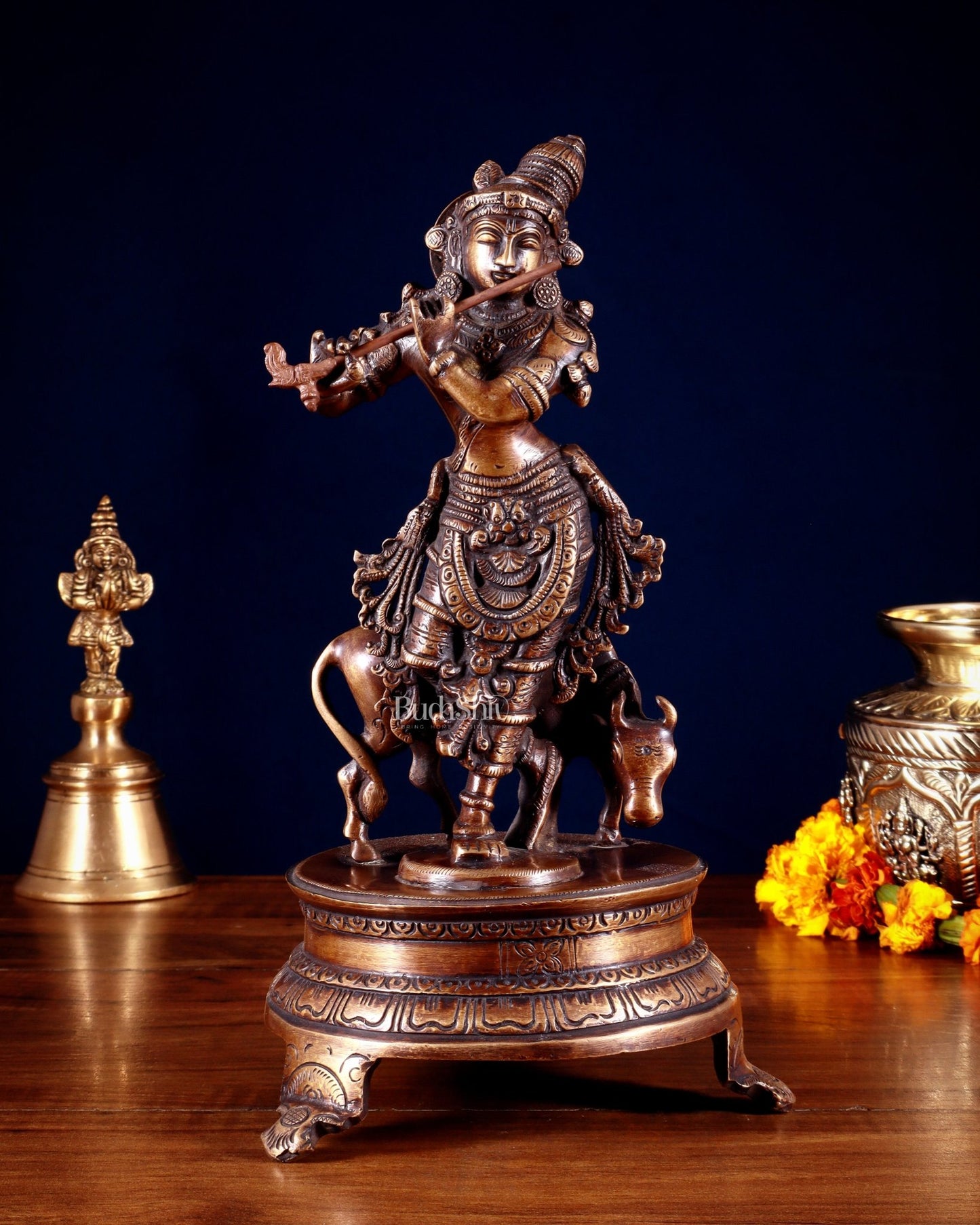 Brass Krishna with Cow 10.5 inch antique burnt tone - Budhshiv.com