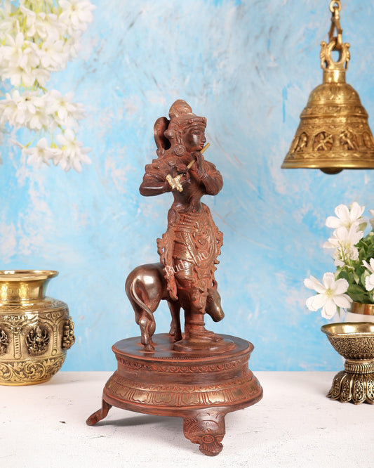 Brass Krishna with Cow 10.5 inch red sand silver antique - Budhshiv.com