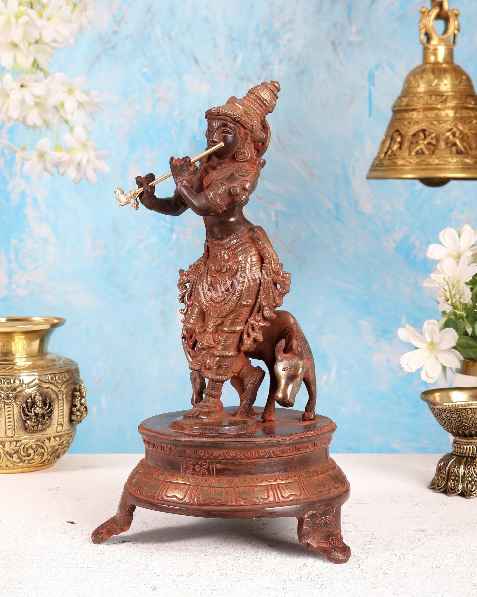 Brass Krishna with Cow 10.5 inch red sand silver antique - Budhshiv.com