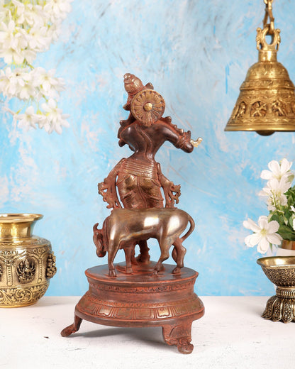 Brass Krishna with Cow 10.5 inch red sand silver antique - Budhshiv.com