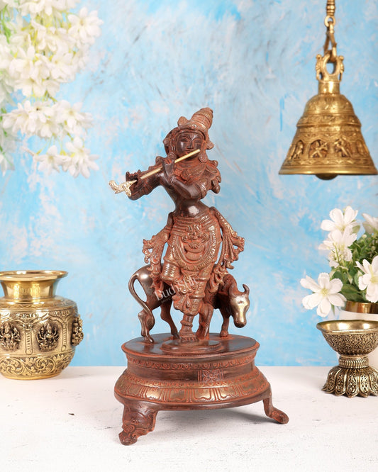Brass Krishna with Cow 10.5 inch red sand silver antique - Budhshiv.com