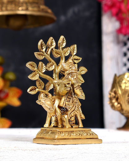 Brass Krishna with Cow and Tree Miniature 4 inch - Budhshiv.com