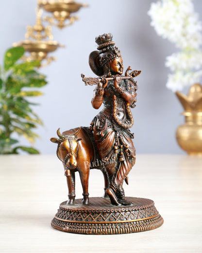 Brass Krishna with Cow idol - 7" chola bronze tone - Budhshiv.com