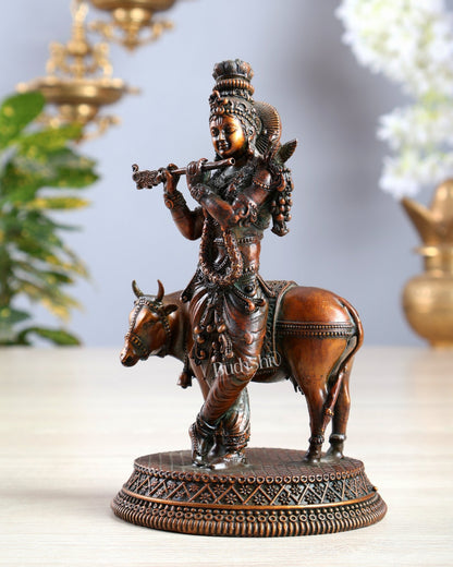 Brass Krishna with Cow idol - 7" chola bronze tone - Budhshiv.com