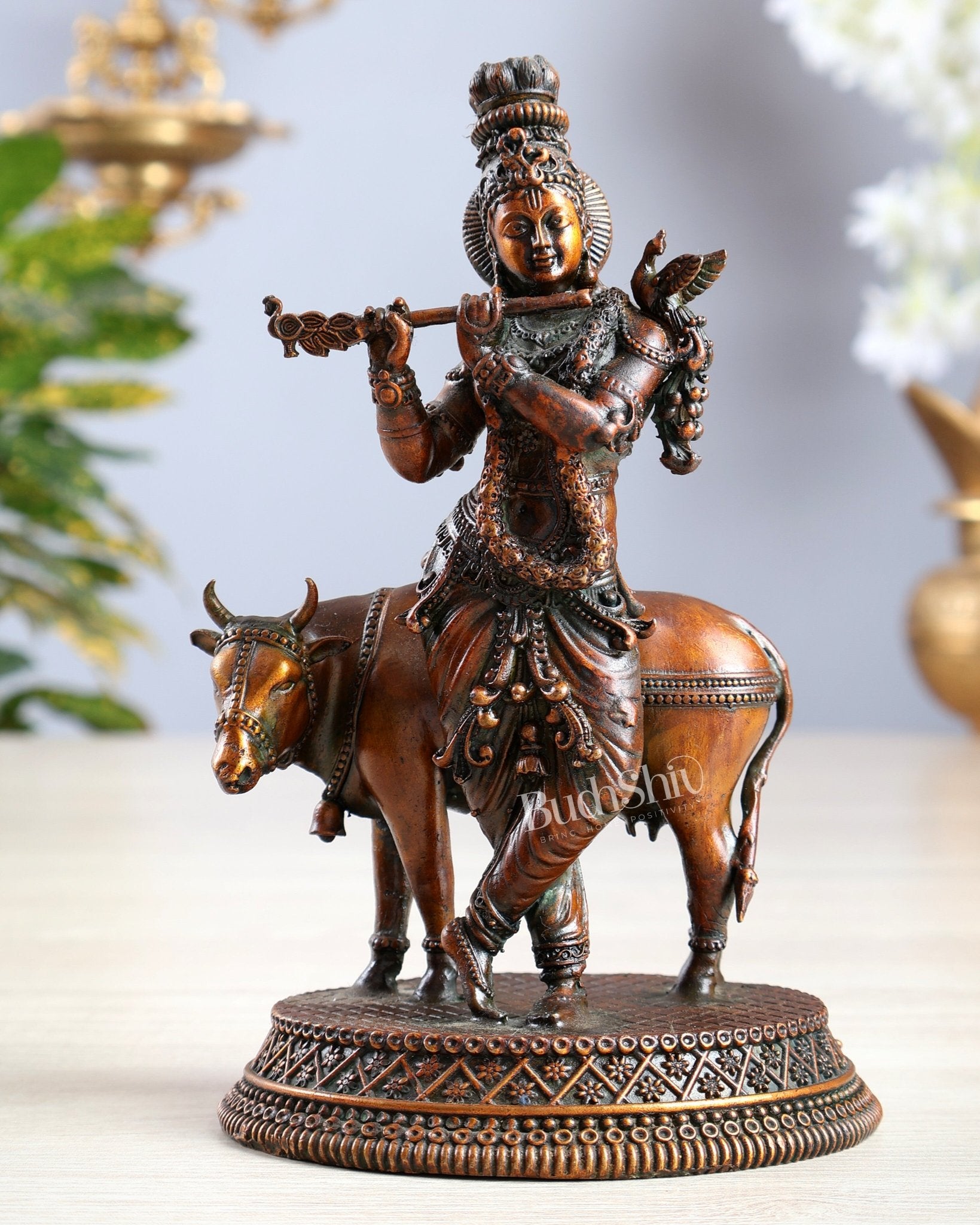 Brass Krishna with Cow idol - 7" chola bronze tone - Budhshiv.com