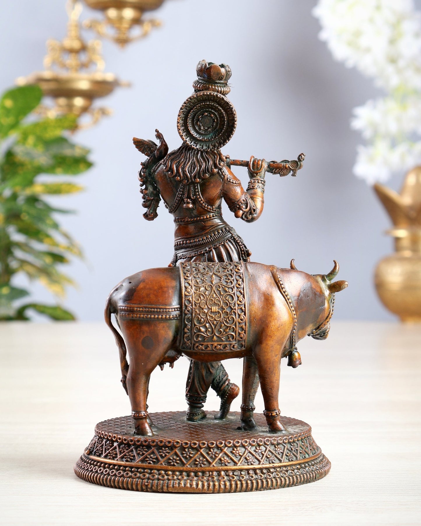 Brass Krishna with Cow idol - 7" chola bronze tone - Budhshiv.com