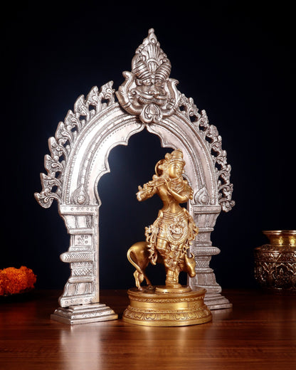 Brass Krishna with Cow Idol & Silver - Plated Prabhavali Arch – Divine spiritual Set - Budhshiv.com