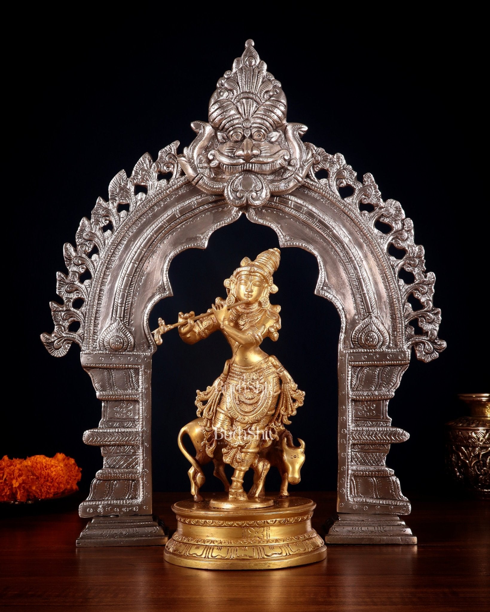 Brass Krishna with Cow Idol & Silver - Plated Prabhavali Arch – Divine spiritual Set - Budhshiv.com