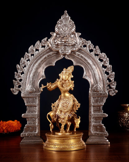 Brass Krishna with Cow Idol & Silver - Plated Prabhavali Arch – Divine spiritual Set - Budhshiv.com