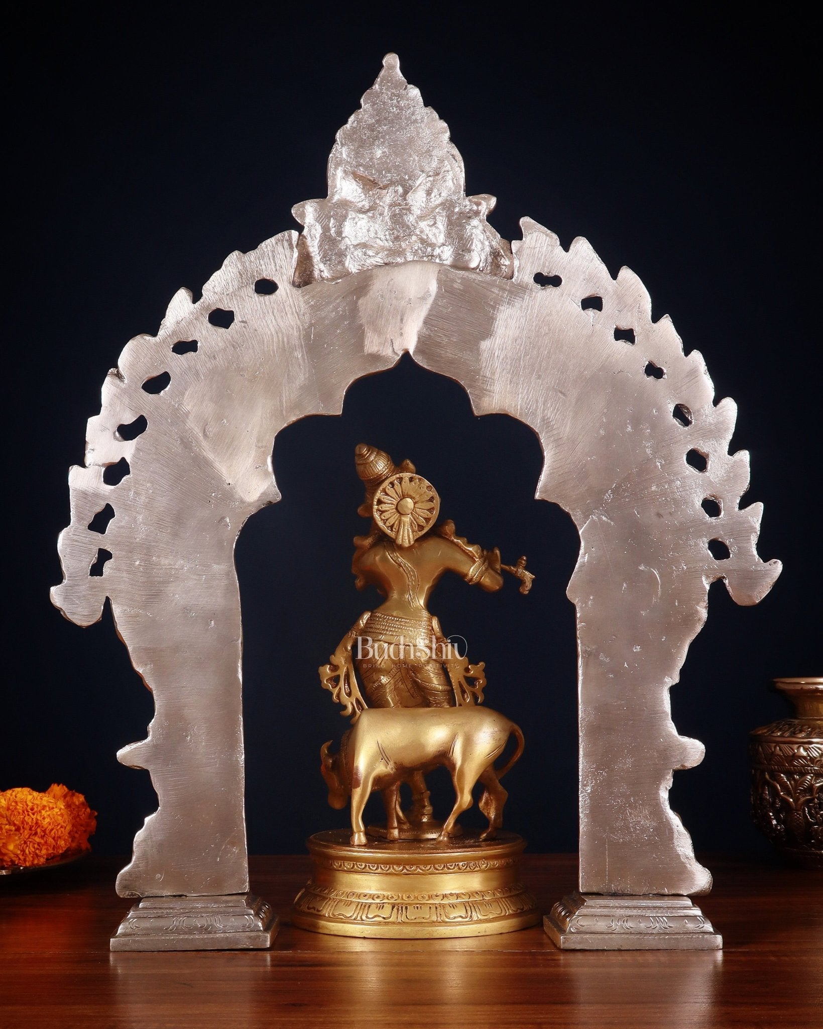 Brass Krishna with Cow Idol & Silver - Plated Prabhavali Arch – Divine spiritual Set - Budhshiv.com