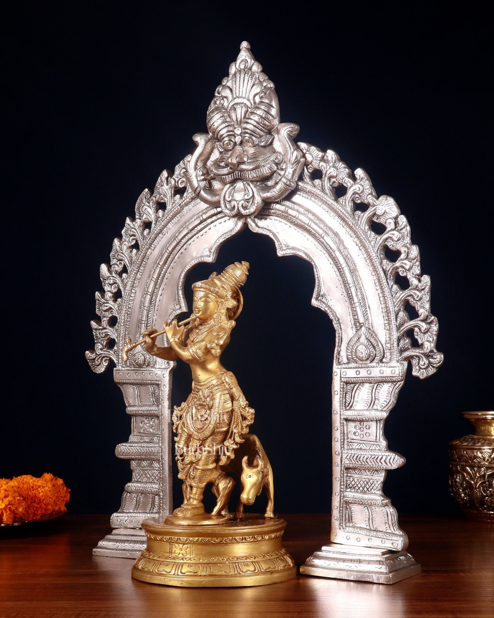 Brass Krishna with Cow Idol & Silver - Plated Prabhavali Arch – Divine spiritual Set - Budhshiv.com