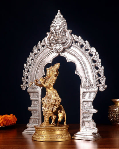 Brass Krishna with Cow Idol & Silver - Plated Prabhavali Arch – Divine spiritual Set - Budhshiv.com
