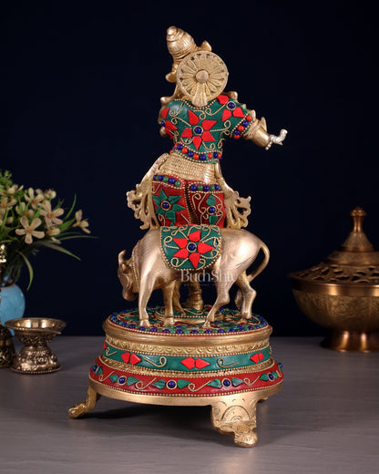 Brass Krishna with cow idol with floral meenakari Stonework 10.5" - Budhshiv.com
