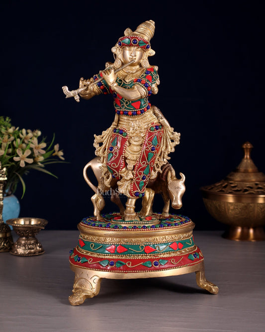 Brass Krishna with cow idol with floral meenakari Stonework 10.5" - Budhshiv.com