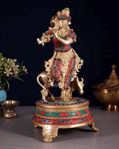 Brass Krishna with cow idol with floral meenakari Stonework 10.5" - Budhshiv.com