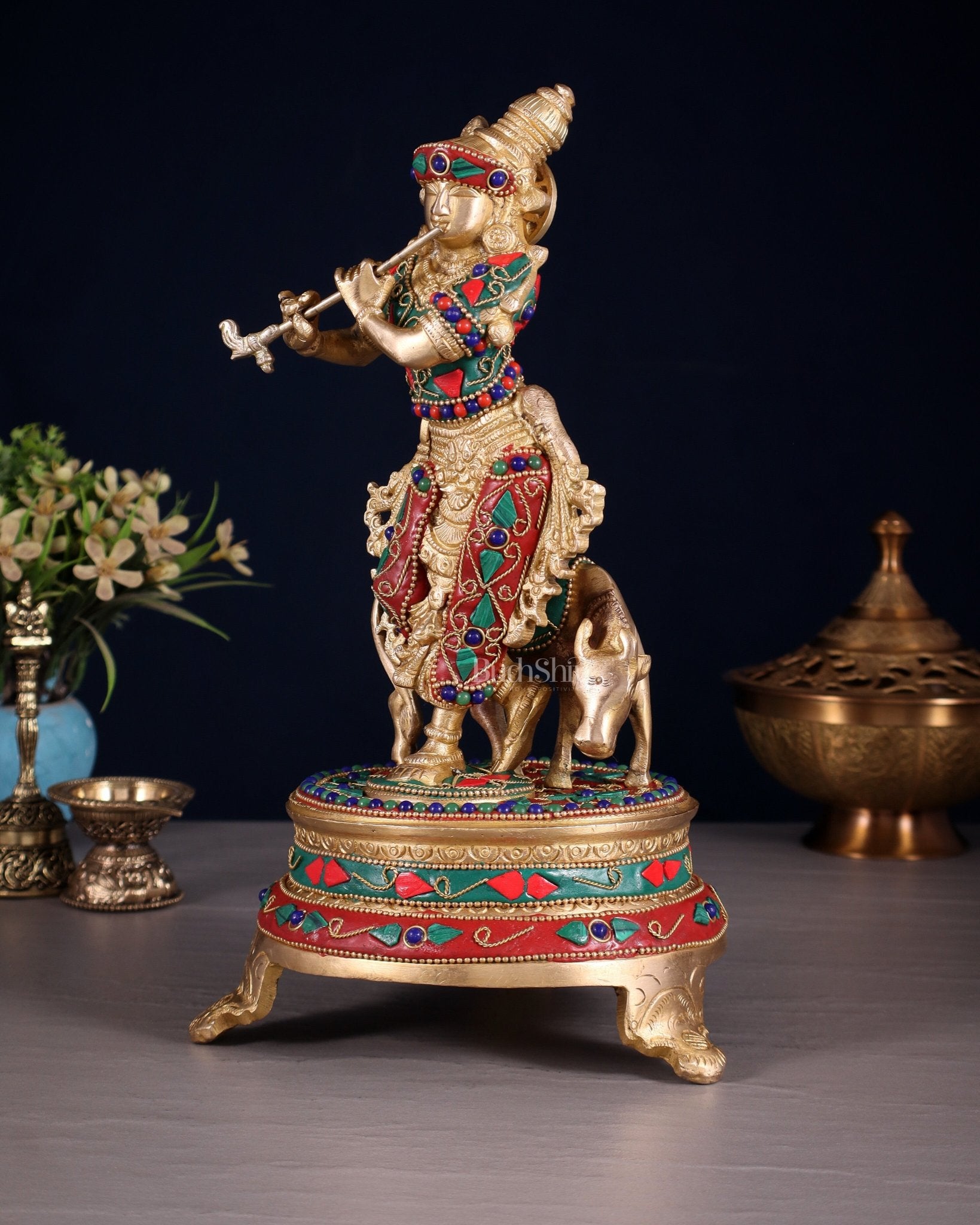 Brass Krishna with cow idol with floral meenakari Stonework 10.5" - Budhshiv.com