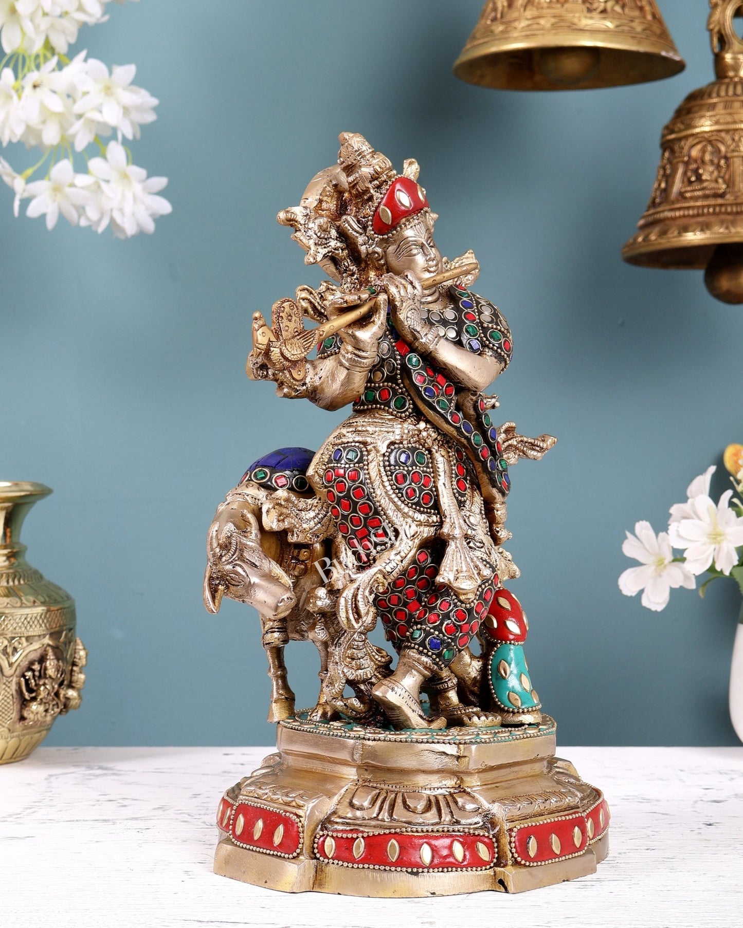 Brass Krishna with Cow Idol with Stonework – Decorative Lord Krishna Statue (12.5 Inches) - Budhshiv.com