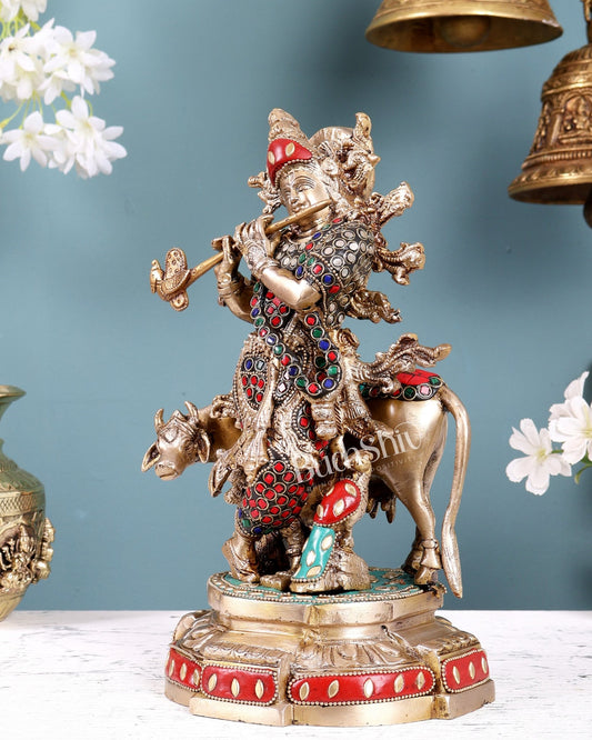 Brass Krishna with Cow Idol with Stonework – Decorative Lord Krishna Statue (12.5 Inches) - Budhshiv.com