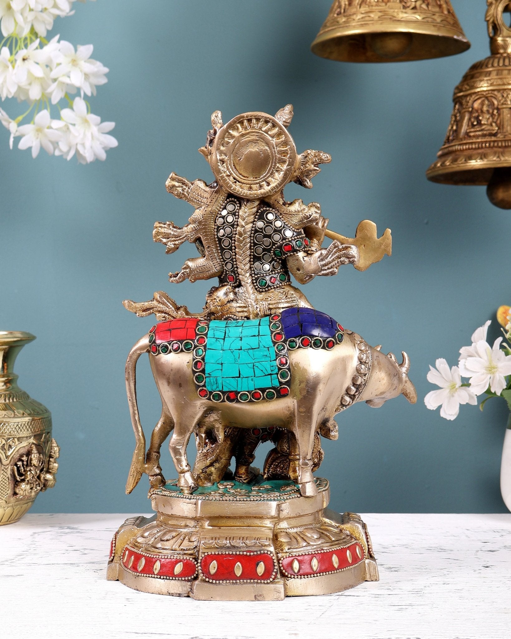 Brass Krishna with Cow Idol with Stonework – Decorative Lord Krishna Statue (12.5 Inches) - Budhshiv.com