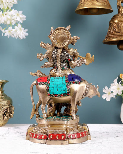 Brass Krishna with Cow Idol with Stonework – Decorative Lord Krishna Statue (12.5 Inches) - Budhshiv.com