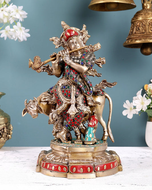 Brass Krishna with Cow Idol with Stonework – Decorative Lord Krishna Statue (12.5 Inches) - Budhshiv.com
