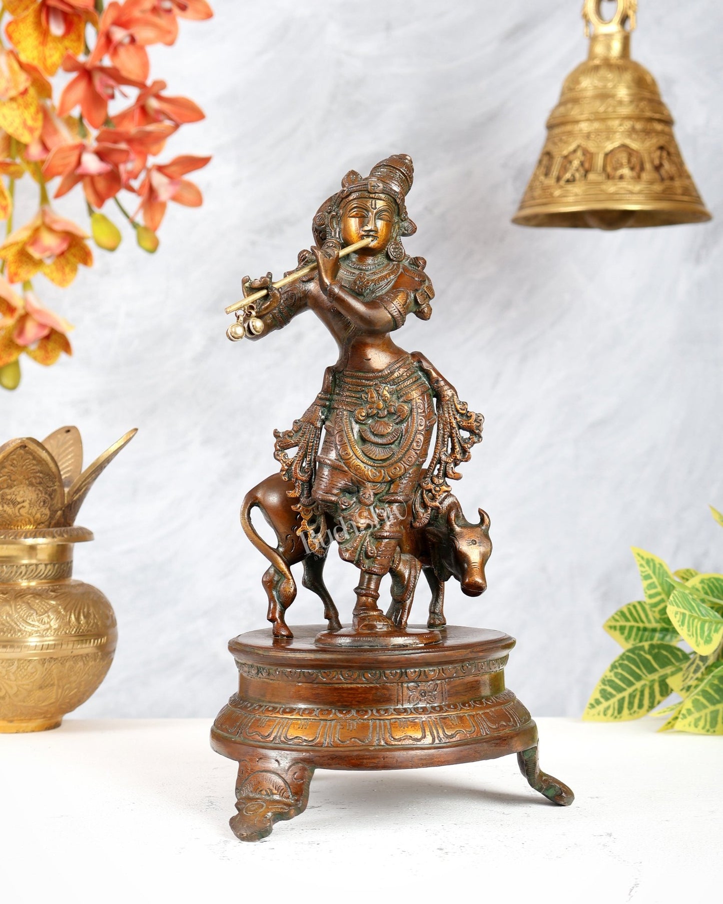 Brass Krishna with Cow on Round Pedestal 10.5 inch - Budhshiv.com