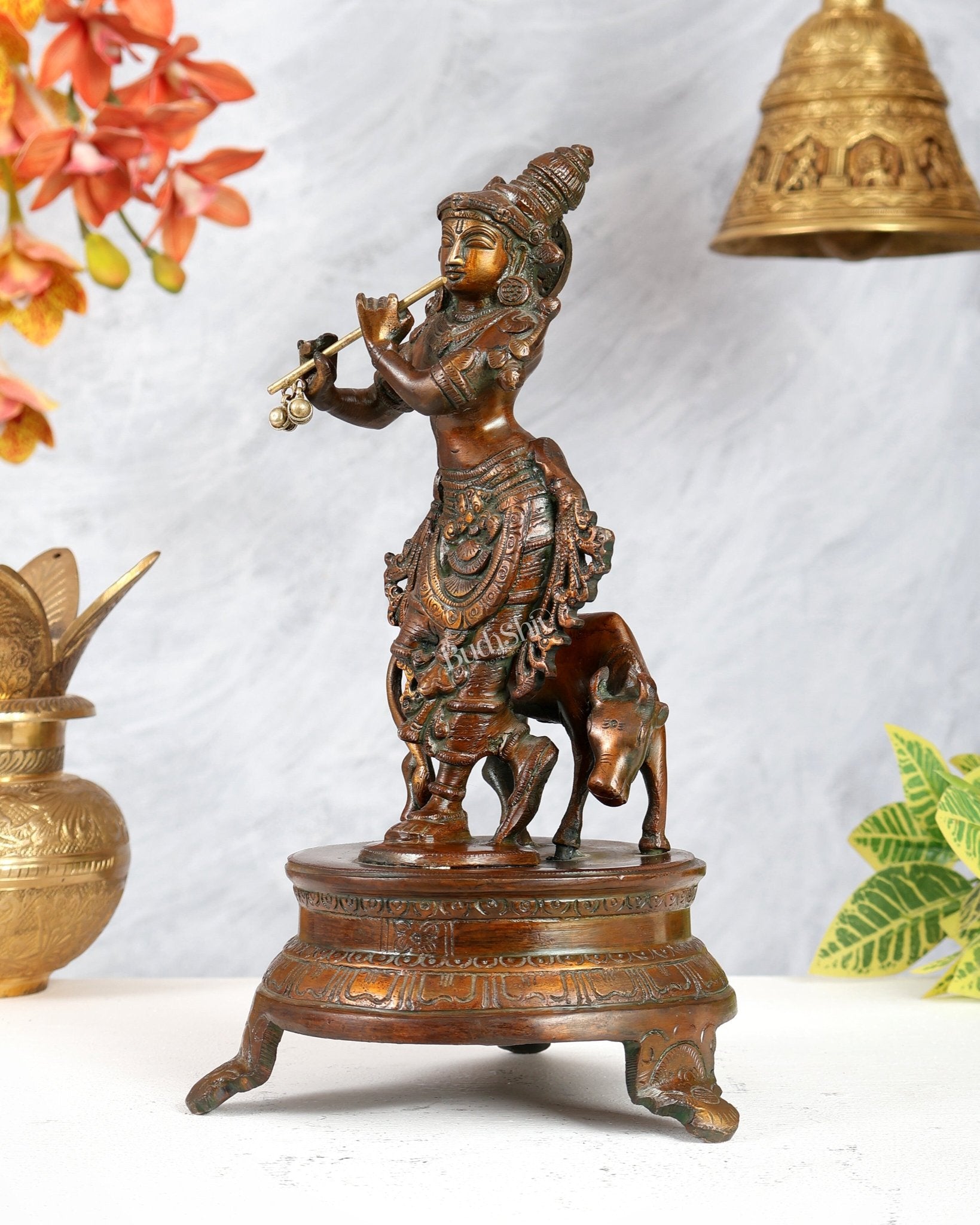 Brass Krishna with Cow on Round Pedestal 10.5 inch - Budhshiv.com