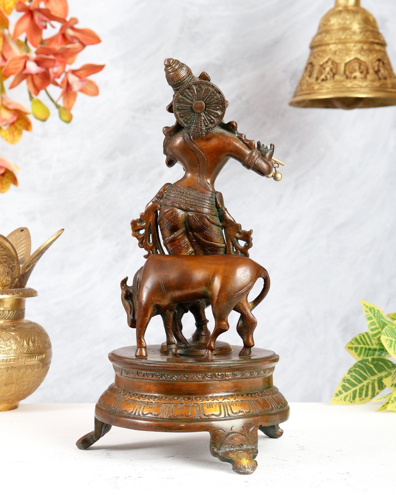 Brass Krishna with Cow on Round Pedestal 10.5 inch - Budhshiv.com