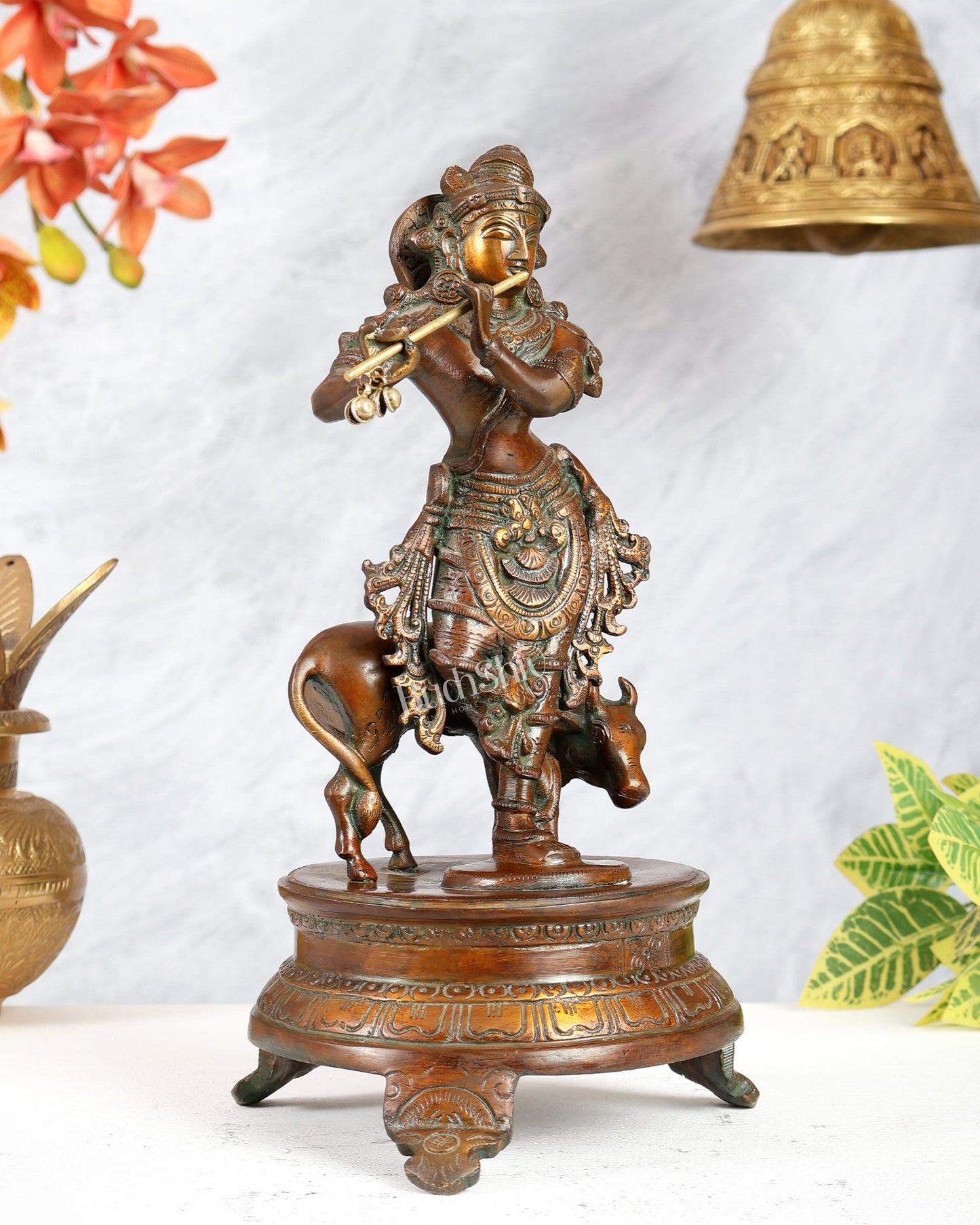Brass Krishna with Cow on Round Pedestal 10.5 inch - Budhshiv.com