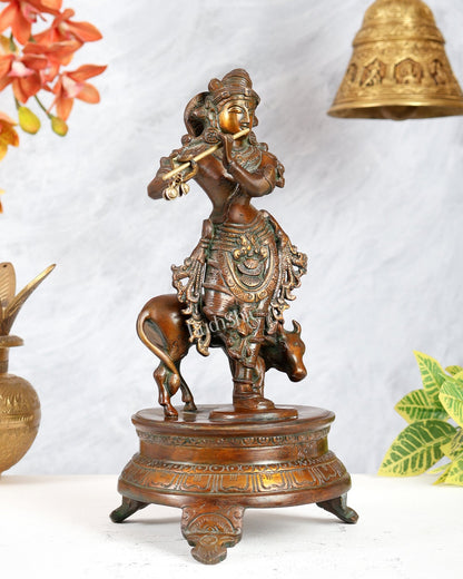 Brass Krishna with Cow on Round Pedestal 10.5 inch - Budhshiv.com