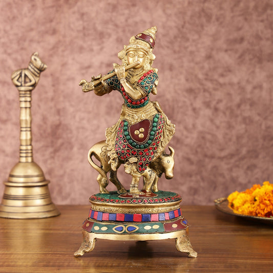 Brass Krishna with Cow on Round Pedestal - Venugopala Murthy | 10.5" stonework - Budhshiv.com