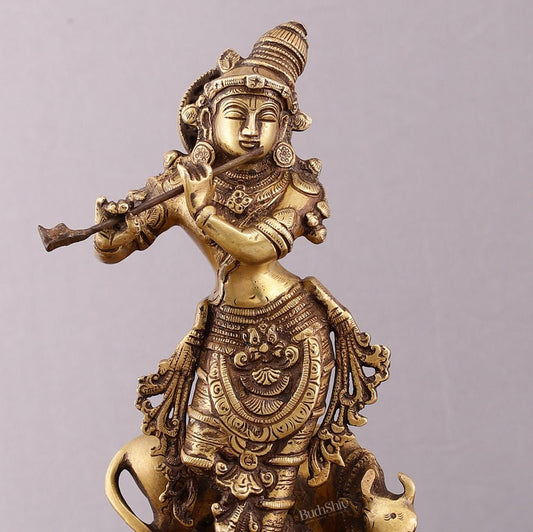 Brass Krishna with Cow on Round Pedestal - Venugopala Murthy | 10.5" - Budhshiv.com