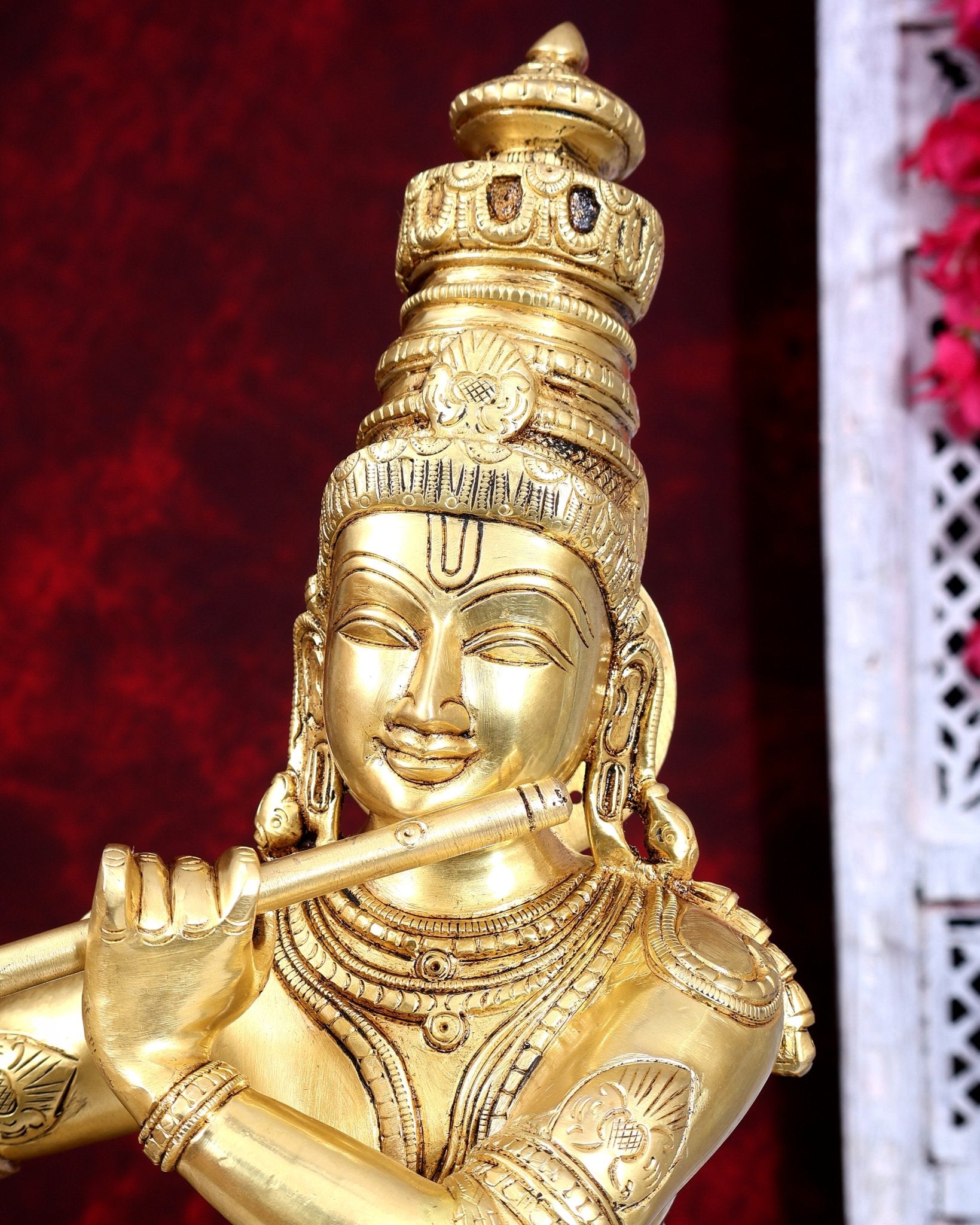 Brass Krishna with cow sleek and simple Sculpture 27 inch - Budhshiv.com