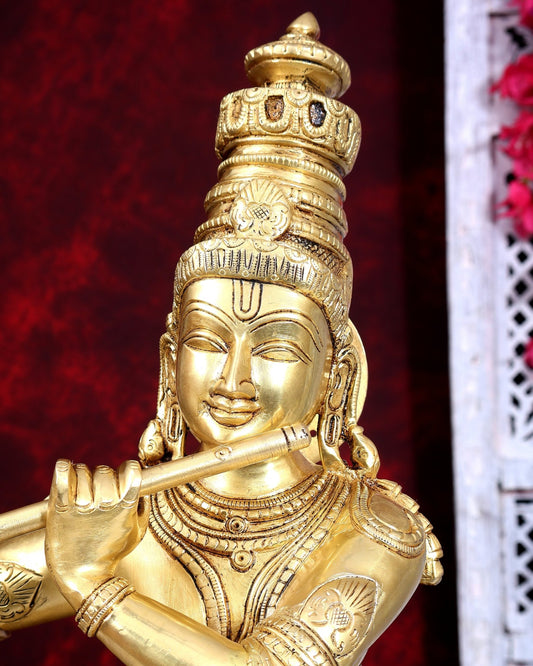 Brass Krishna with cow sleek and simple Sculpture 27 inch - Budhshiv.com