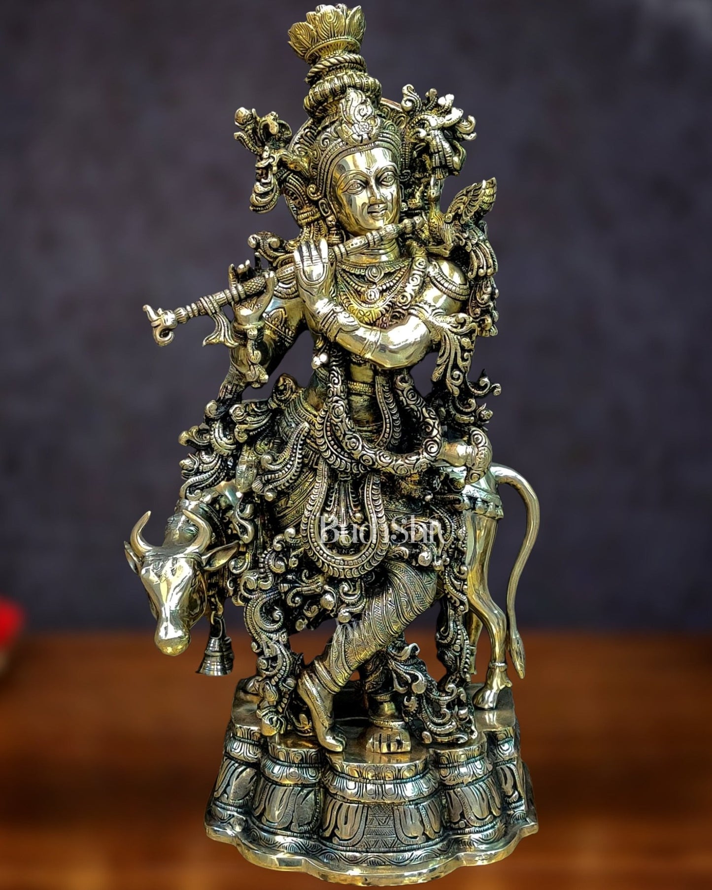 Brass Krishna with cow statue 26" - Budhshiv.com